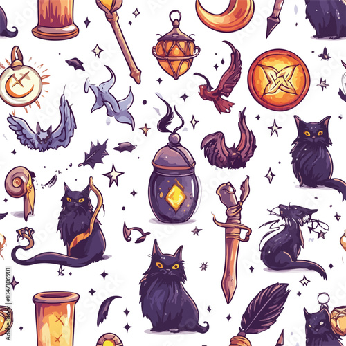 Witchcraft Seamless Pattern with Different Magic