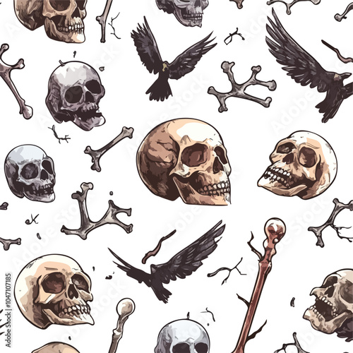 Witchcraft Seamless Pattern with Skulls and Bird