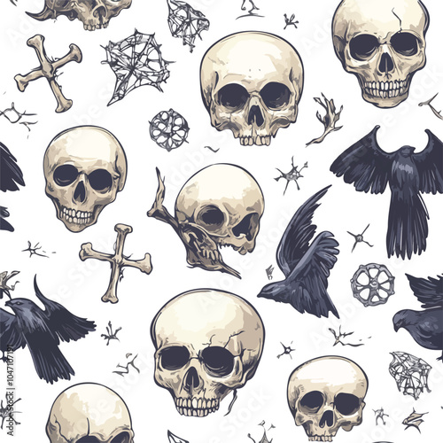 Witchcraft Seamless Pattern with Skulls and Bird