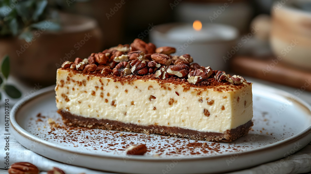 Pecan Cheesecake Slice on White Plate - Food Photography Pecan Cheesecake Slice on White Plate - Food Photography