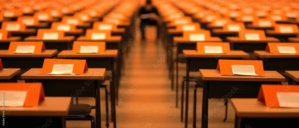 Fototapeta premium A single individual seated among rows of empty desks, creating a sense of solitude in a structured environment.