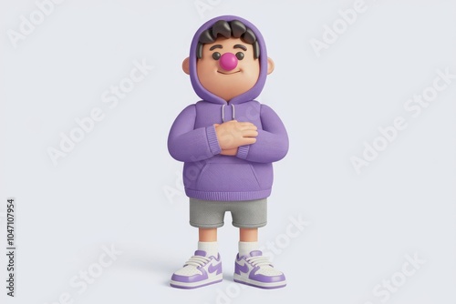 A cartoon character with a pink nose wearing a purple hoodie grey shorts and sneakers.