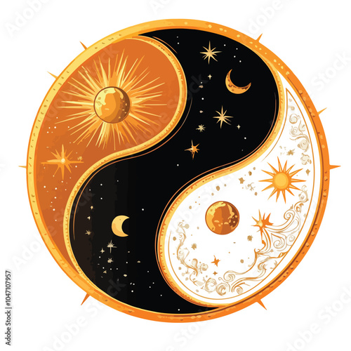 Yin Yang Cultural Sign with Sun and Moon Vector