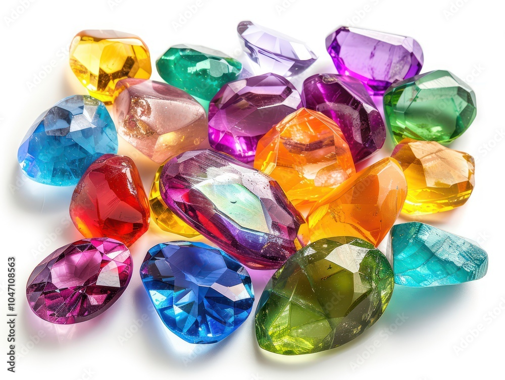 A cluster of multicolored polished gemstones, bright and glossy, arranged randomly, isolated on white A cluster of multicolored polished gemstones, bright and glossy, arranged randomly, isolated on white