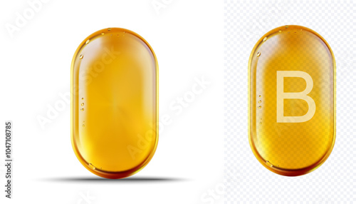 Detailed 3D vector illustration of a golden gel Vitamin B capsule. The transparent design with small air bubbles inside highlights the liquid texture, perfect for health, supplement. 