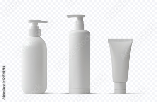 Realistic blank cosmetic 3d bottles in various sizes for lotion, cream, and liquid products. Ideal for showcasing branding, logo placement, and packaging design concepts. Vector illustration