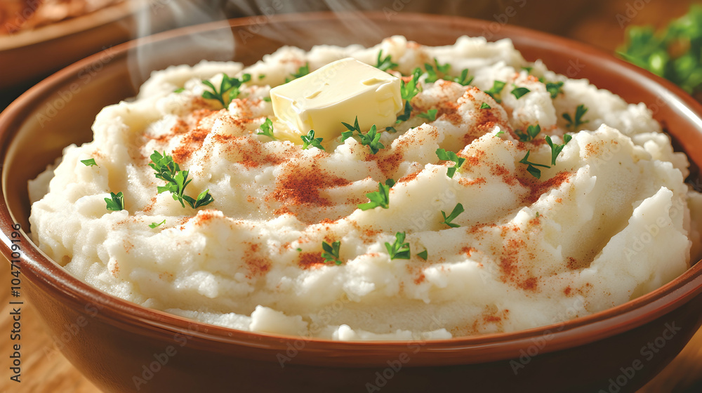 A bowl of steaming mashed potatoes with butter, parsley and paprika. A bowl of steaming mashed potatoes with butter, parsley and paprika.