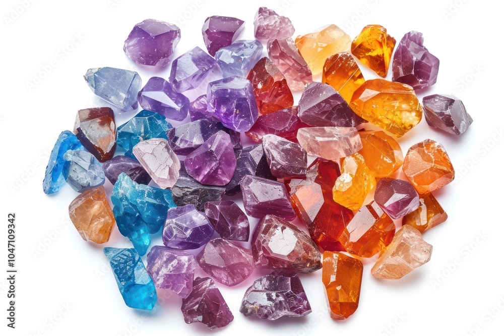 A cluster of raw gemstones in various vibrant colors, scattered and isolated on white background A cluster of raw gemstones in various vibrant colors, scattered and isolated on white background