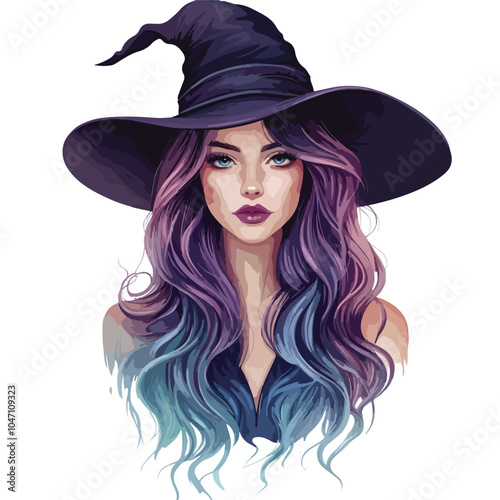 Stunning Witch in Classic Hat with Colorful Hair