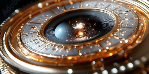 A close-up view of a circular, intricate design resembling a lens with cosmic elements.