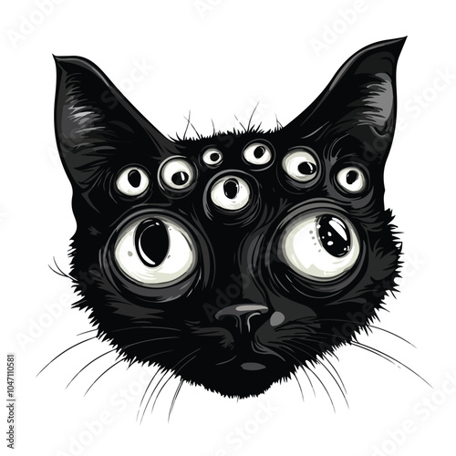 Black Cartoon Cat Head with Many Eyes Vector Illustration