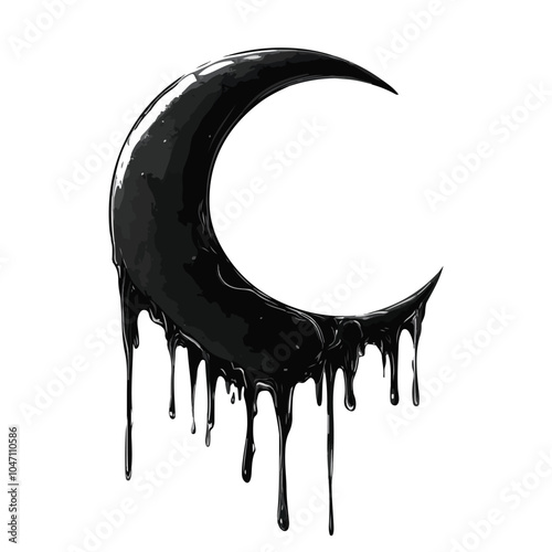 Elegant Black Crescent Moon with Liquid Drips on White Background