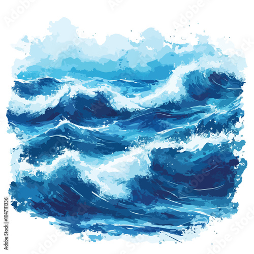 Blue Sea with Waves Vector Watercolor Background
