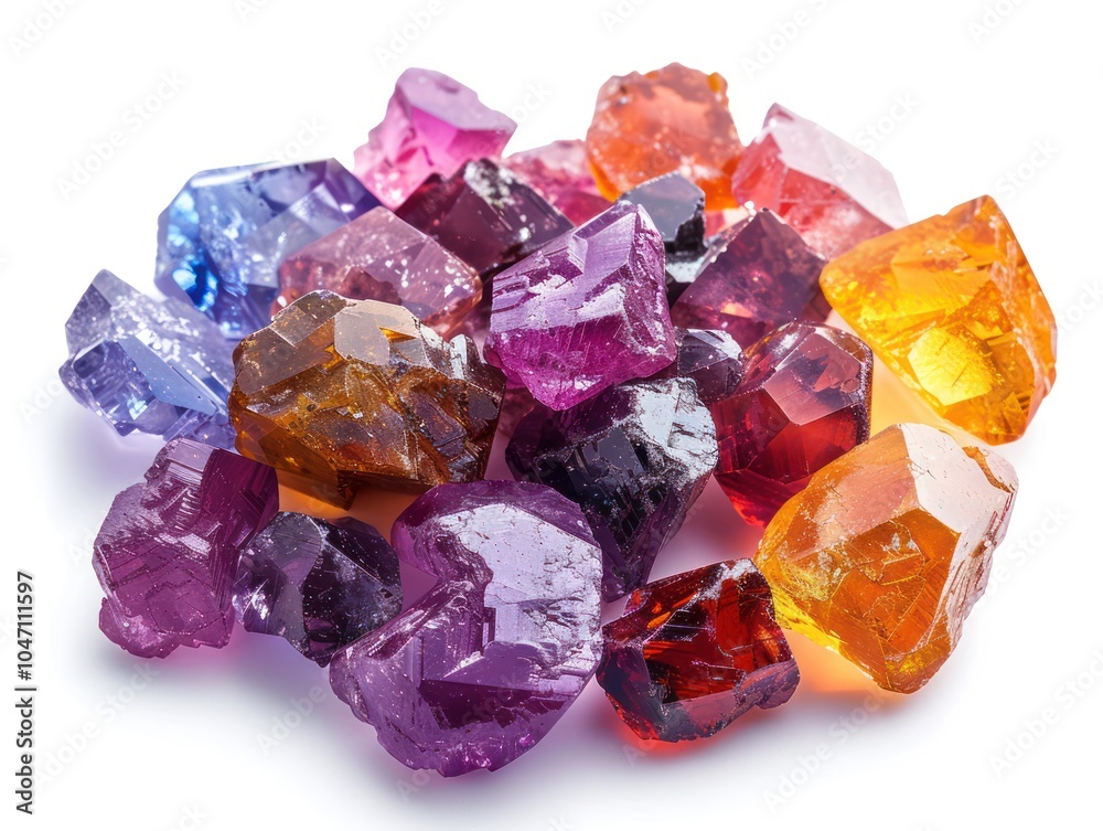 A cluster of small polished gemstones, multicolored and bright, isolated on white A cluster of small polished gemstones, multicolored and bright, isolated on white