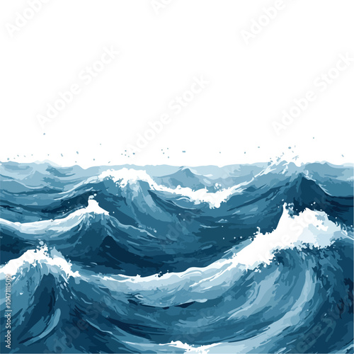 Blue Sea with Waves Vector Watercolor Background