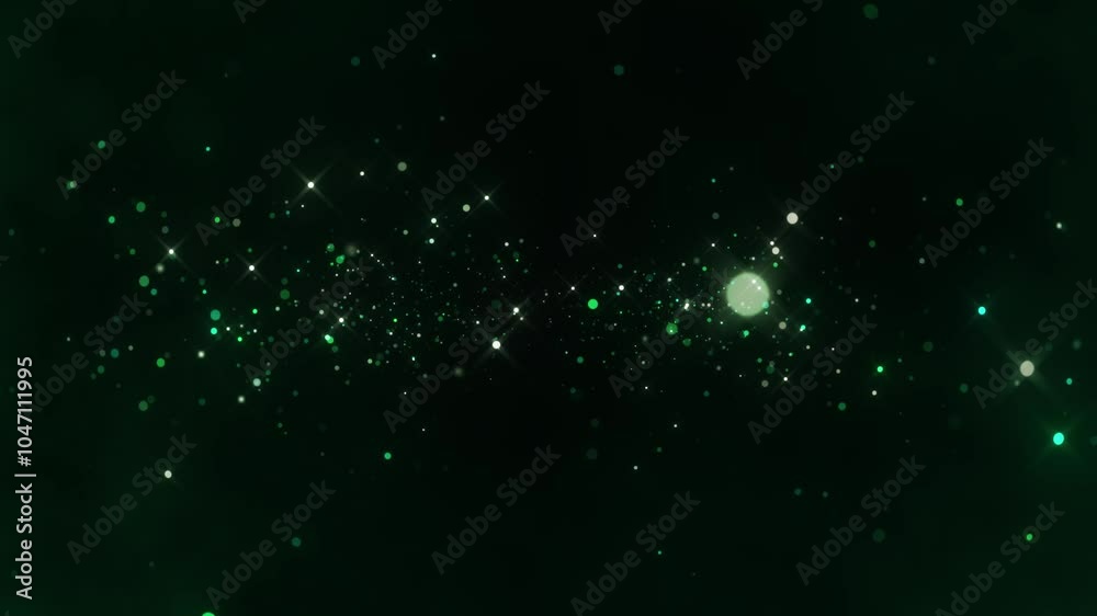 Abstract shimmering particles in deep green background, sparkling bokeh effect creating festive atmosphere, glowing lights transition, seamless loop, vibrant holiday celebration ambiance. Copy space.
