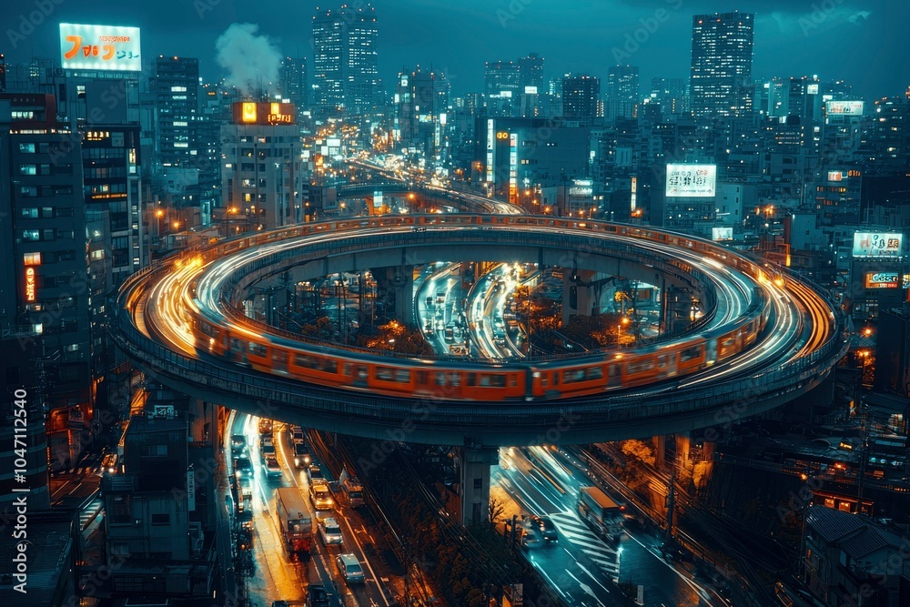 Elevated Train Tracks and Cityscape at Night in Tokyo Elevated Train Tracks and Cityscape at Night in Tokyo