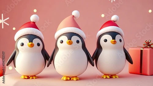 Cute penguins dancing. Characters wearing red Christmas hats. Gift box, snowflake, Christmas decoration. Happy cute animals animation, modern 3d cartoon style. New Year, winter holidays