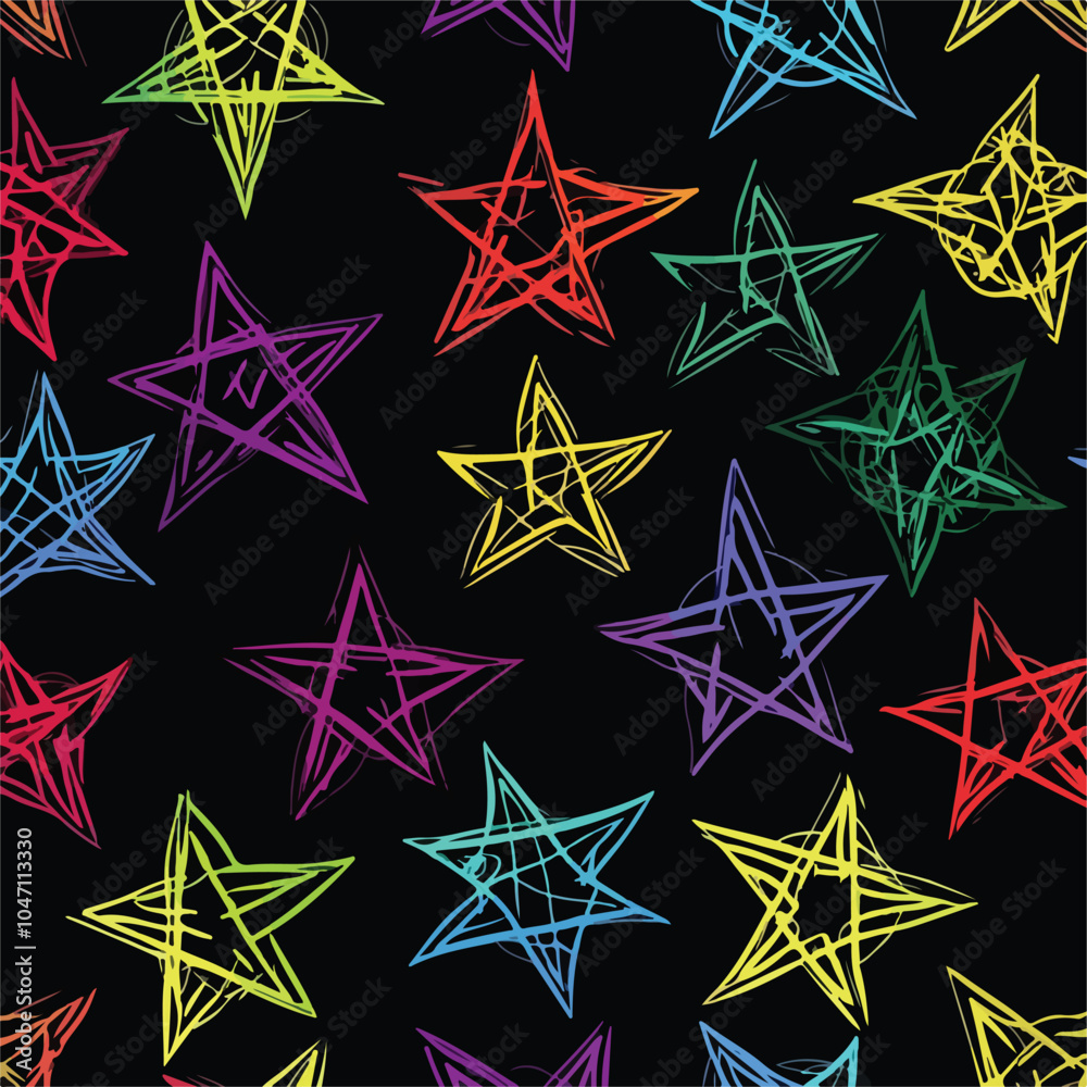 Obraz premium Bright Pentagrams on Black Background Seamless Pattern