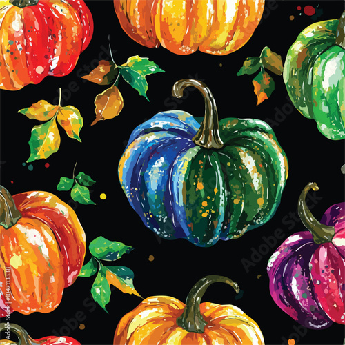 Vibrant Painted Pumpkins Adorned with Autumn Leaves
