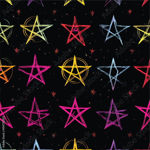 Bright Pentagrams on Black Background Seamless Pattern