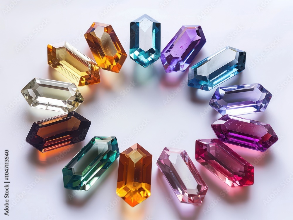 A collection of multicolored gemstones in different cuts and sizes, arranged in a circular pattern, isolated on white A collection of multicolored gemstones in different cuts and sizes, arranged in a circular pattern, isolated on white