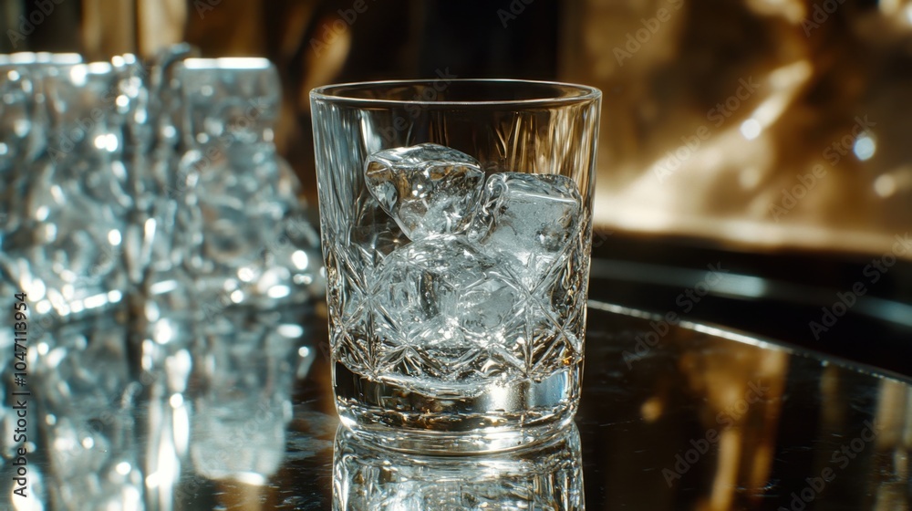 Whiskey glass filled with ice cubes, placed on a mirrored table against a dark backdrop, with open space for text or design Whiskey glass filled with ice cubes, placed on a mirrored table against a dark backdrop, with open space for text or design