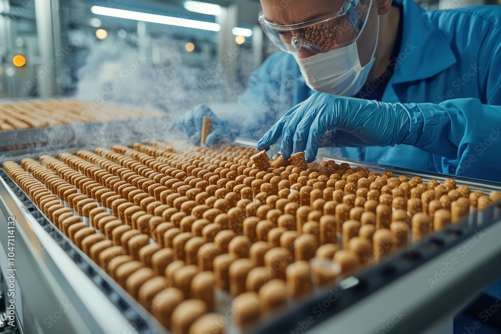 Fototapeta premium A worker in protective gear inspecting a line of freshly made popsicles