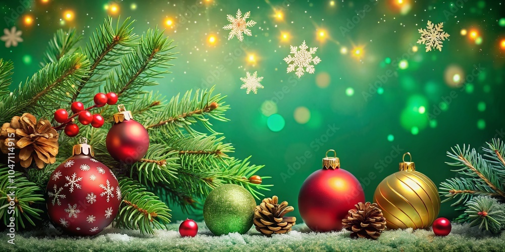 Fototapeta premium Festive Christmas Green Background with Decorative Elements for Holiday Celebrations and Seasonal Greetings