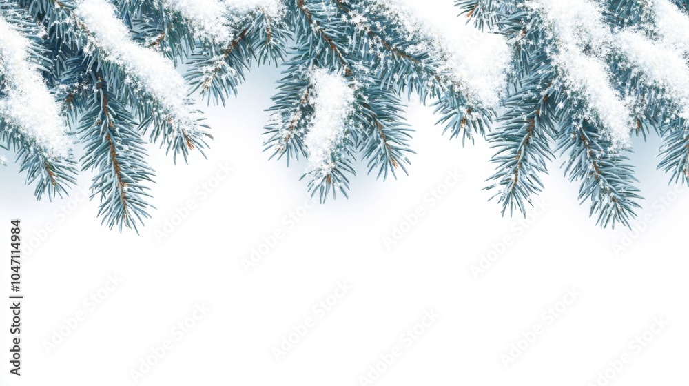 Obraz premium Winter scene of a snow-covered fir branch, ice crystals forming on the needles, with a space for adding text or design elements
