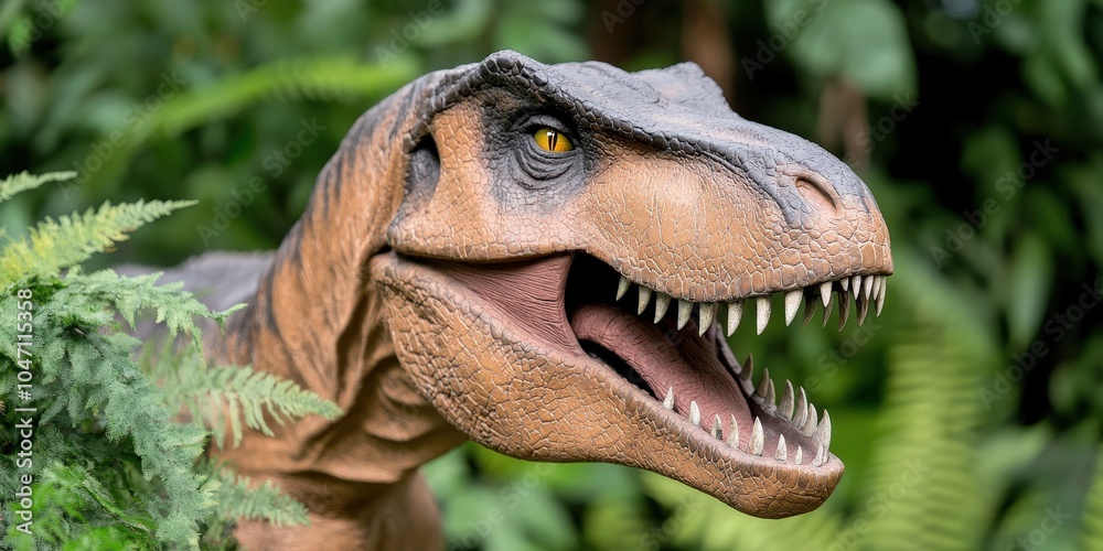 Close Up of T Rex Dinosaur Head with Sharp Teeth in Lush Green Foliage Close Up of T Rex Dinosaur Head with Sharp Teeth in Lush Green Foliage