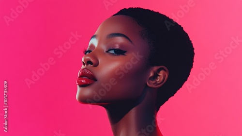 portrait of a black woman with little hair on pink background