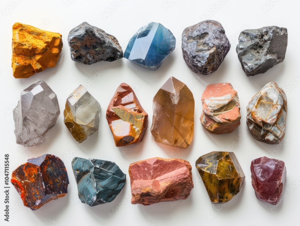 A collection of raw gemstones in various natural colors, scattered on white background