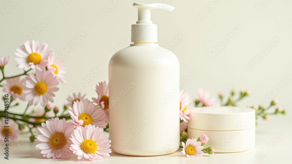 A collection of white beauty and skincare products, including a hand cream bottle, surrounded by pink flowers. A collection of white beauty and skincare products, including a hand cream bottle, surrounded by pink flowers.