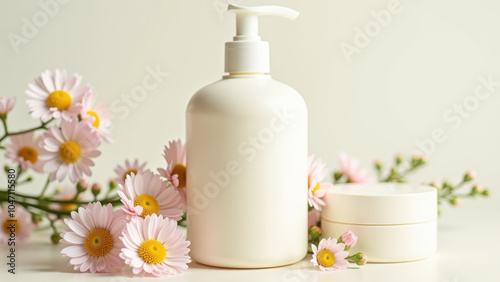 A collection of white beauty and skincare products, including a hand cream bottle, surrounded by pink flowers.