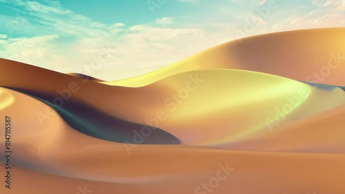 Sunlight shining over shifting sand dunes creates a stunning scene under a bright blue sky with scattered clouds photo