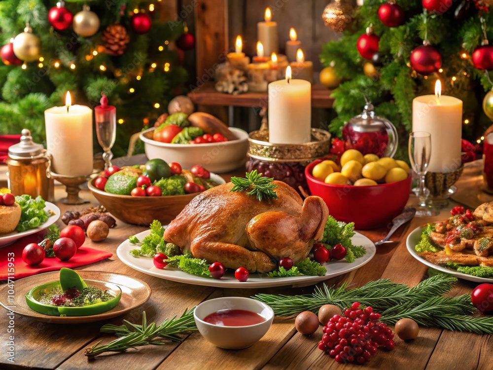 Festive Christmas Lunch Table Setting with Delicious Food and Copy Space for Holiday Greetings Festive Christmas Lunch Table Setting with Delicious Food and Copy Space for Holiday Greetings