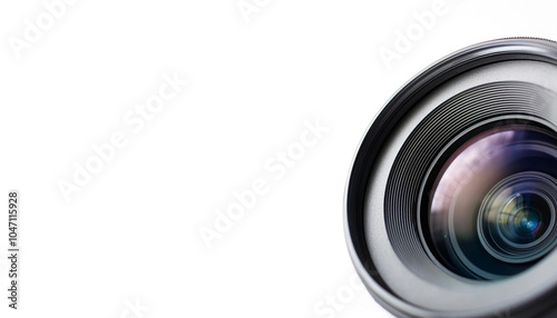 Camera lens on side position provides copy space for text. background concept isolated white