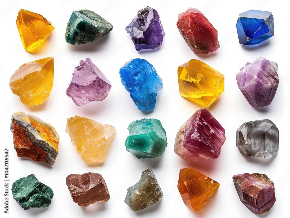 A collection of rough gemstones in natural shapes and colors, isolated on white background A collection of rough gemstones in natural shapes and colors, isolated on white background