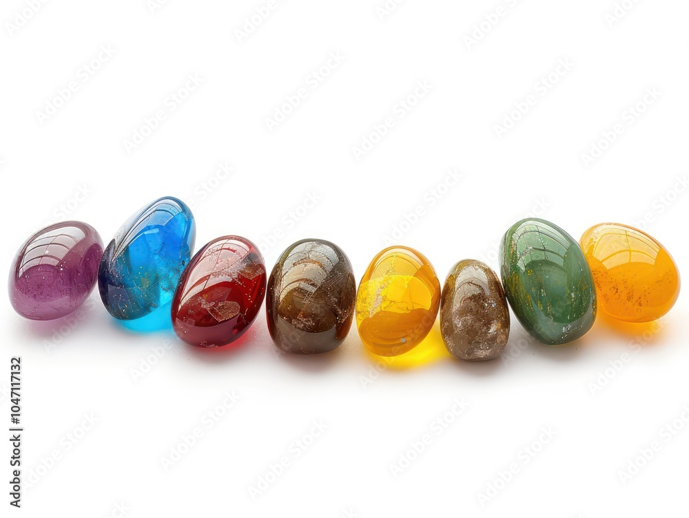 A collection of small polished gemstones in various colors, arranged in a line, isolated on white A collection of small polished gemstones in various colors, arranged in a line, isolated on white