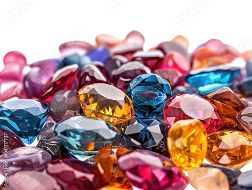 A group of multicolored gemstones in a scattered pattern, isolated on white