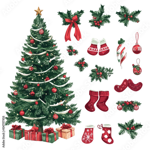 Festive Christmas Tree and Decorations Vector Illustration