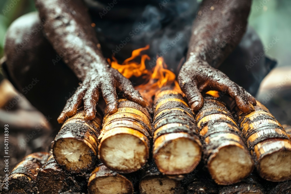 A Person's Hands Protecting a Pile of Burning Bamboo A Person's Hands Protecting a Pile of Burning Bamboo