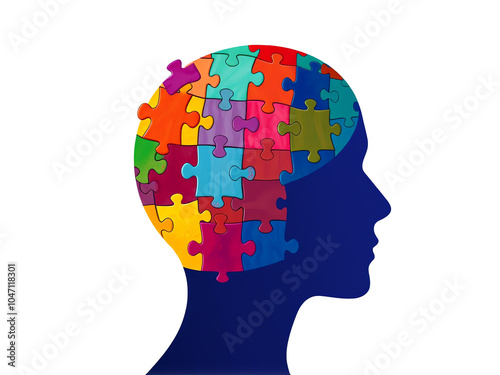 A colorful puzzle piece representation of a human head symbolizing creativity and mental processes in abstract art style