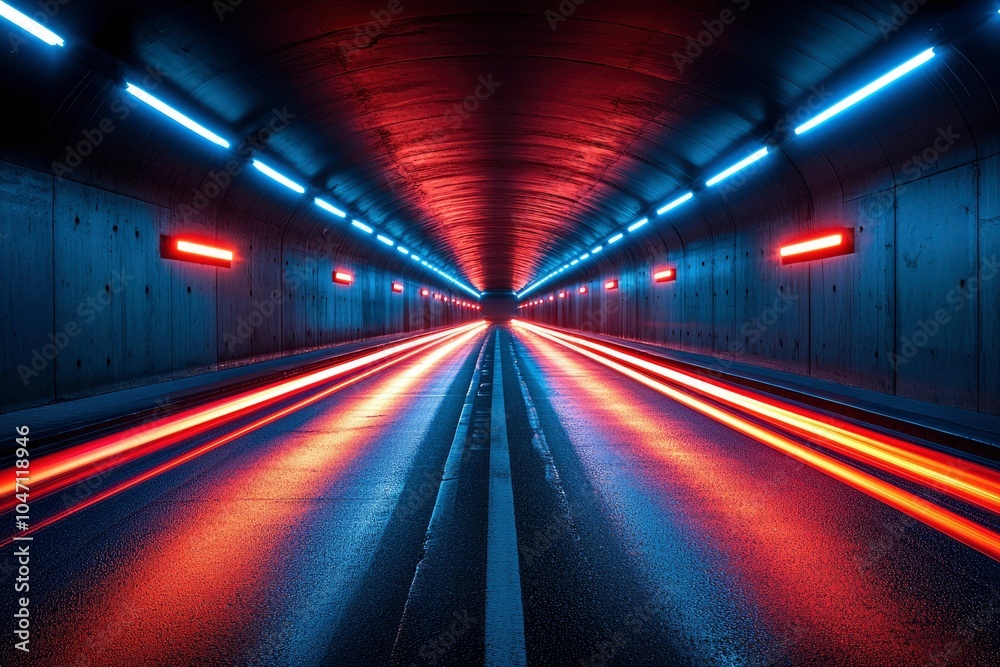 Neon-Lit Tunnel with Red and Blue Lights Neon-Lit Tunnel with Red and Blue Lights