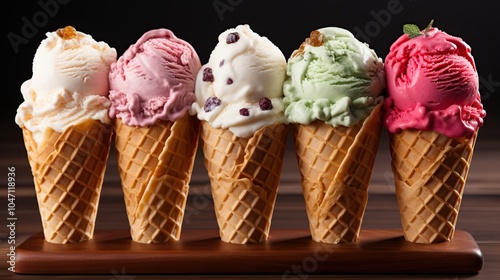 Five scoops of different flavored ice cream in waffle cones on a wooden board.