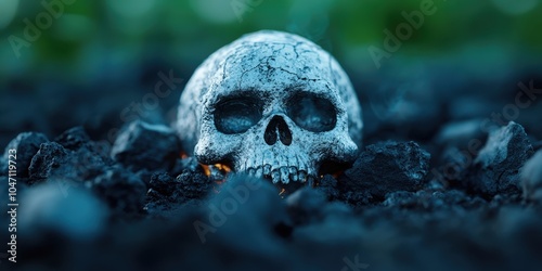 Human Skull in Volcanic Ash Dark Mysterious and Eerie