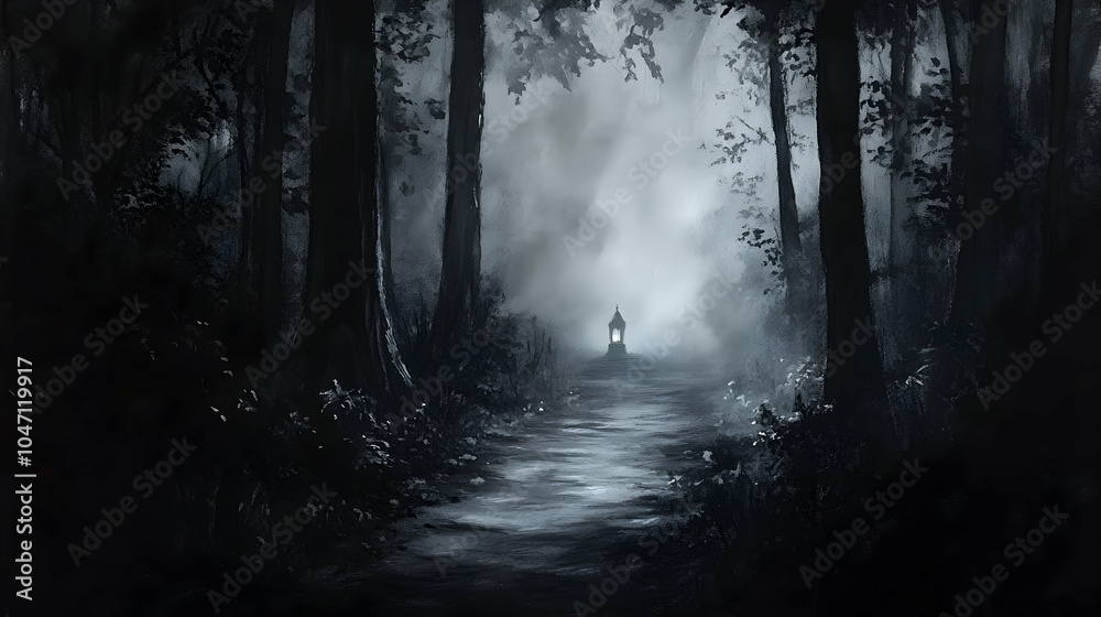 Fototapeta premium A single lantern illuminates a misty forest path.