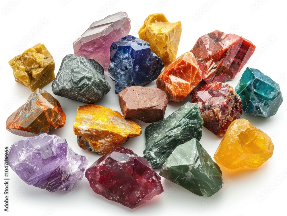 A group of rough multicolored gemstones in natural shapes, isolated on white background A group of rough multicolored gemstones in natural shapes, isolated on white background