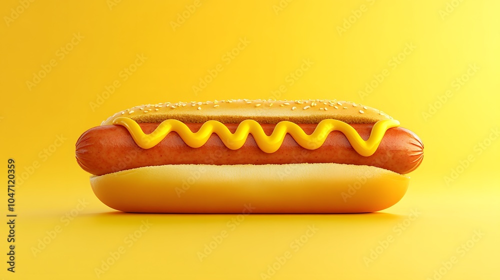 Classic hot dog in a golden bun with juicy sausage and zigzag mustard drizzle on a soft pale yellow background, vibrant colors, appetizing close-up, and minimalist food styling. Classic hot dog in a golden bun with juicy sausage and zigzag mustard drizzle on a soft pale yellow background, vibrant colors, appetizing close-up, and minimalist food styling.